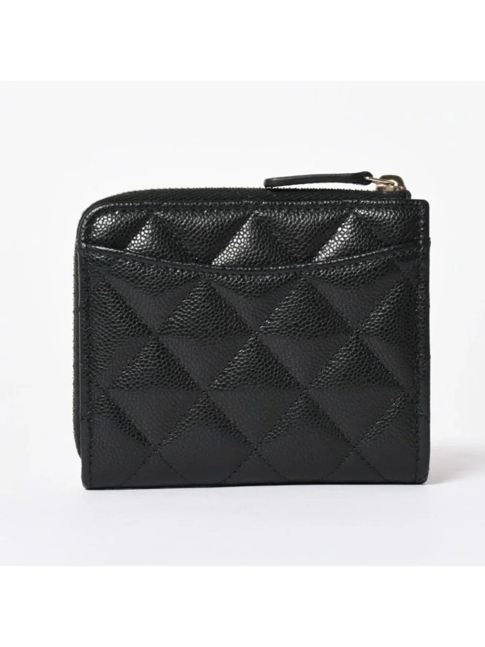 Chanel Quilted Compact Wallet Coin Purse Caviar Leather Black Gold